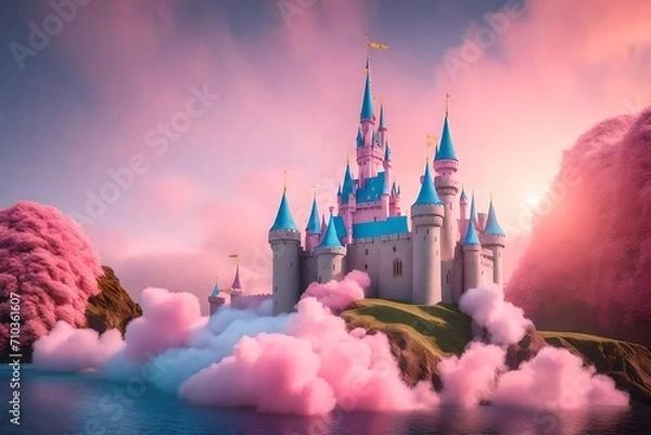 Fototapeta 3D rendering of a fairy tale castle with cotton candy clouds