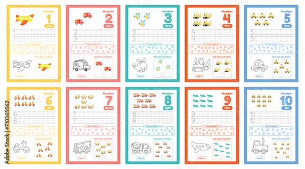Obraz Set of flashcards with numbers for preschool kids from 1 to 10. Worksheets with many exersices