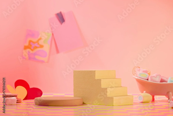 Fototapeta On pink background, empty stairway and round podiums decorated with candy and paper hearts. Creative background for advertising on valentine’s day, space for design