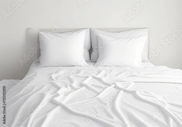Obraz Crumpled bed in the hotel. Close-up of unfinished or messy bed after funny night, sex of new married couple. Dirty bed with decorate room. Used linens, bed sheet and pillows messed up.

