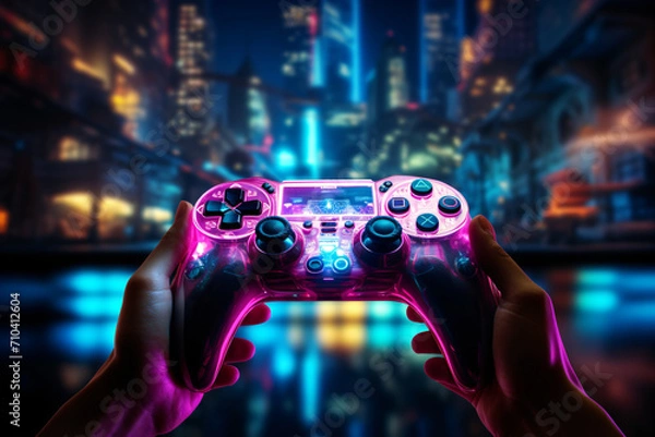 Fototapeta Hands guiding a computer game controller in front of a blurry light background, in the style of luxurious, neon-lit urban, high-angle, rounded, spatial, creased, iso 200


