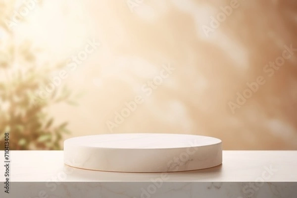 Fototapeta Elegant Marble Podium on a Warm, Sunlit Background for Cosmetic Display