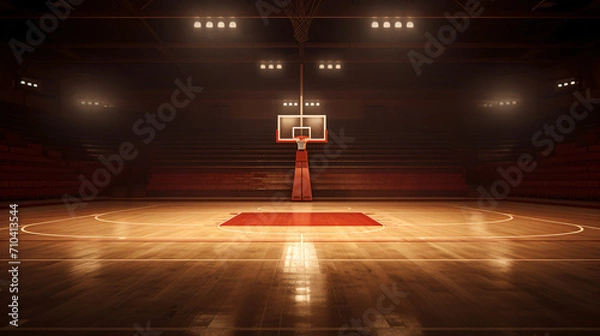 Fototapeta An empty basketball court with wooden floor and a hoop, in the style of dramatic

