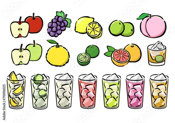 Obraz カラフルなフルーツ・ジュース・アルコールドリンク・グラスのイラストセット
