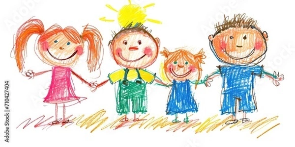 Fototapeta Generative AI, Pencil drawn art by child, naive kids illustration on white background