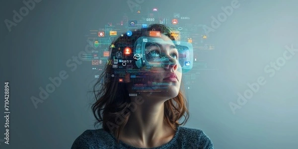 Obraz woman look up portrait in vr glasses hologram, glowing virtual headset with connection, earth sphere and lines.