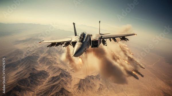 Fototapeta Fighter plane jet above somewhere in the middle east