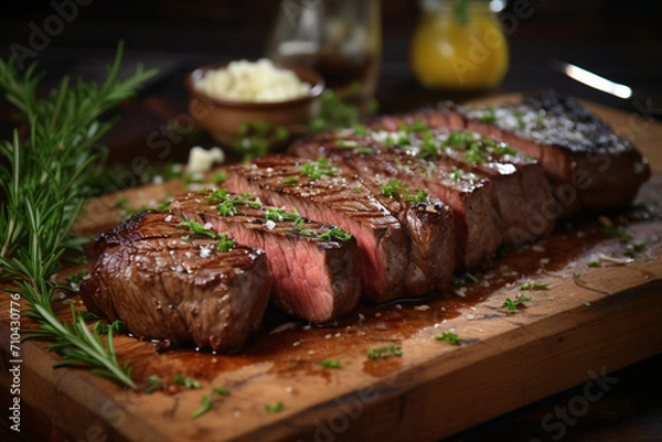 Obraz Perfectly cooked medium rare sirloin steak with garlic butter