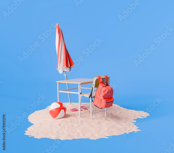 Fototapeta red backpack on a chair with a closed umbrella, beach ball, and sandals on a sandy surface, summer education concept.