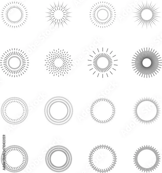 Fototapeta Vintage sunburst set. Bursting rays sunrise firework starburst blast, Radiant Spark. Vintage sunburst, Rays. Geometric Design Elements. Retro radiant sunburst, starburst hand drawn label, sun rays. 