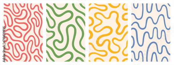 Fototapeta Twisted lines, fluid, curved, wiggling stripes, waves vector backgrounds set. Liquid, funky chaotic ornaments, groovy hippie patterns collection. Doodle, uneven hand drawn wavy, organic winding lines