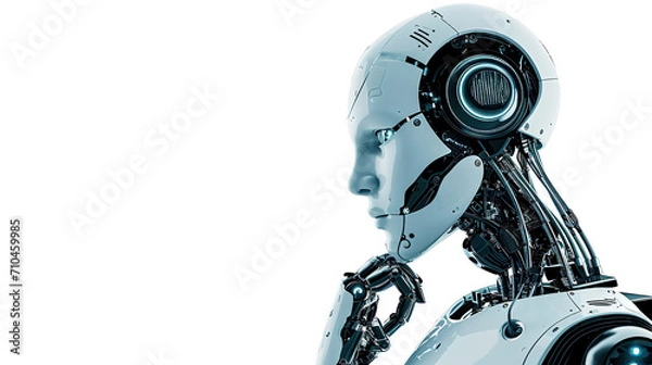 Fototapeta AI robot against a white background, he listens to Music with interest, stock image