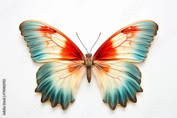 Fototapeta Beautiful colorful bright multicolored tropical butterflies with wings spread in flight isolated on white background, close-up macro.