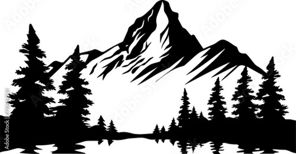 Obraz Mountain Forest Tree Landscape Silhouette Vector. AI generated illustration.