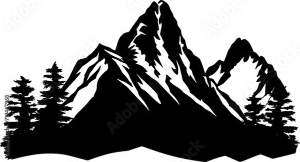 Fototapeta Black silhouette of mountains and forest fir trees camping landscape panorama illustration icon vector for logo, isolated on white background. AI generated illustration.