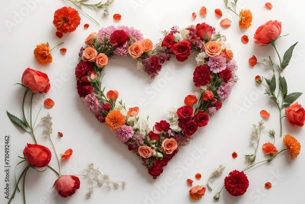 Fototapeta Heart frame created from colorful flowers on white background, romantic and floral background