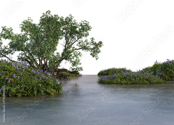 Fototapeta Lake with plants and trees by the waterfront on a transparent background