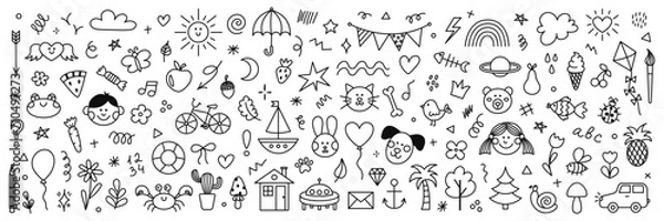 Fototapeta Śliczny ręcznie rysowany zestaw doodle prostych elementów dekoracyjnych dla dzieci. Kolekcja bazgroczek, zwierząt, kwiatu, słońca, chmur. Ilustracja wektorowa