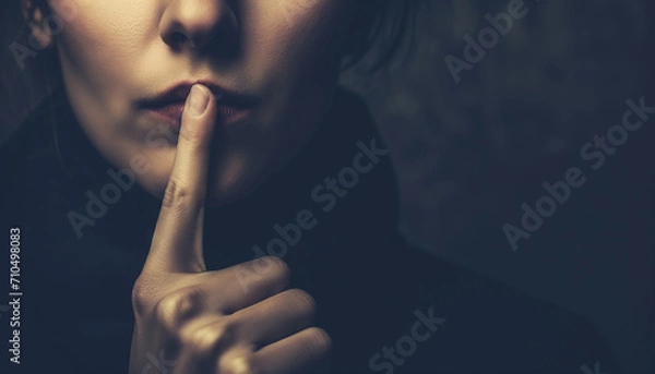 Obraz The Silence of Secrecy: A Mysterious Woman Gesturing for Silence with a Finger to Her Lips