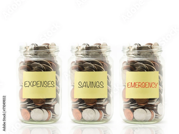 Fototapeta Jar with expenses, savings and emergency label.