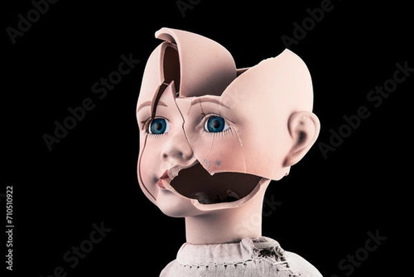Fototapeta Broken vintage doll head isolated on black background with clipping path