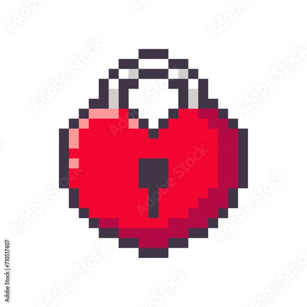 Fototapeta Heart-shaped vintage lock pixel icon isolated on white background. Red love lock. Vector illustration of Valentine's Day elements in 8 bit style.