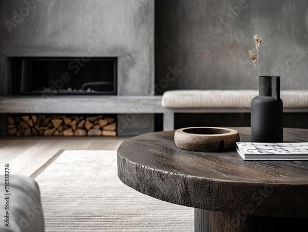 Obraz Elegant Minimalist Interior Design of Modern Living Room with Rustic Round Coffee Table, Grey Bench and Sleek Fireplace in a Luxurious Loft Setting, Highlighting Refined Comfort and Stylish Home Decor