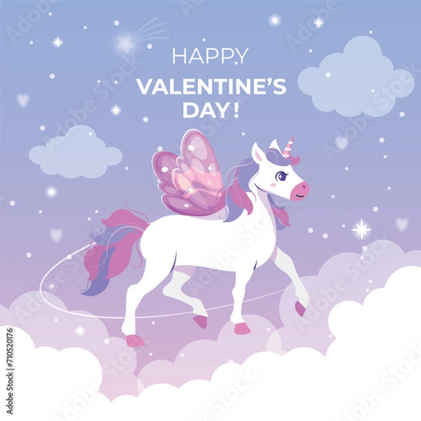 Fototapeta Happy Valentine's day! Cute cartoon happy character unicorn vector illustration. Kid invitation with unicorn, rainbow, star, heart. Cute unicorn floating in the sky.