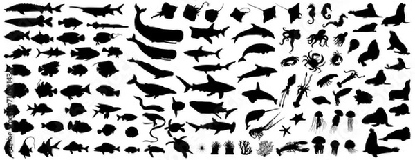 Fototapeta Big collection of sea animals. More than 100 silhouettes of various types of sea animals. Vector illustration