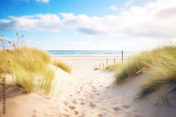 Fototapeta sand dunes with a clear path leading to the sea