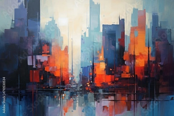 Fototapeta A stunning painting capturing the essence of a cityscape with a mesmerizing blend of vibrant orange and serene blue hues, Abstracted cityscape at dusk using bold strokes, AI Generated