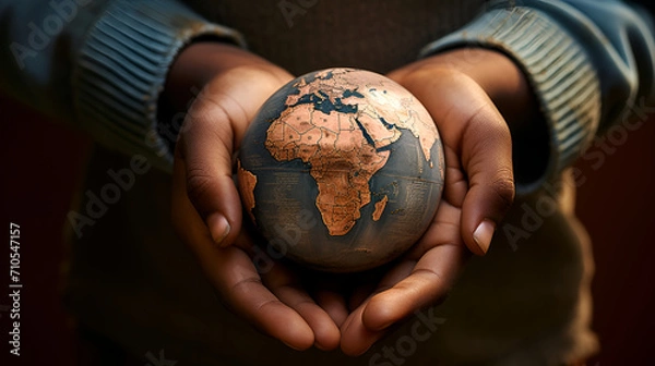 Fototapeta Black child holding globe on hands generated AI