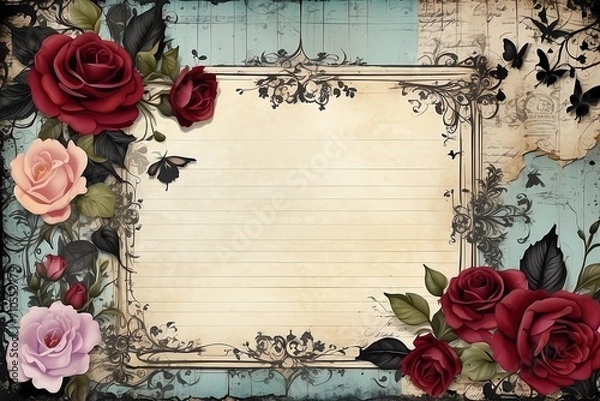 Fototapeta Frame with roses in vintage style