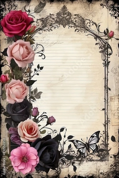 Fototapeta Scrapbooking frame, roses, butterfly