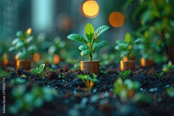 Fototapeta the growth and goal of business with boxes, plants, and coins, in the style of nature-inspired imagery,  simple and elegant style, photorealistic details, villagecore, happenings
