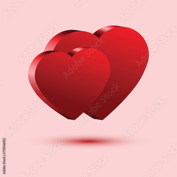 Obraz Red 3D hearts on light background with shadow. Holiday card, postcard. Vector