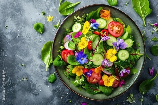 Fototapeta Fresh salad of spring vegetables decorated with edible flowers