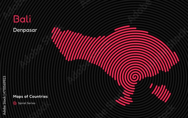 Fototapeta Abstract Simple Map of Bali in Spiral Fingerprint Pattern with Capital of Denpasar. 