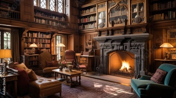 Obraz Interior of an old library with bookshelves and a fireplace