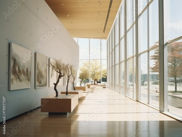Obraz Interior of modern gallery with white walls, wooden floor and rows of paintings. 3d rendering
