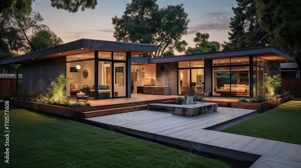 Obraz 3d rendering of modern cozy house with pool and parking for sale or rent in luxurious style and beautiful landscaping on background. Clear summer night with many stars on the sky.