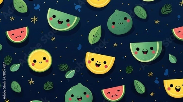 Fototapeta cute fruit pattern smiling watermelon on dark blue background. generative ai