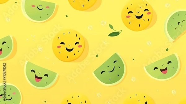 Fototapeta cute fruit pattern smiling watermelon on yellow background. generative ai