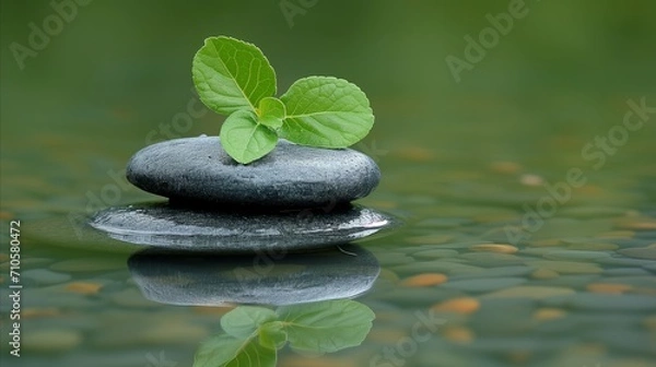 Fototapeta Zen-like balance. Green leaves on smooth stones with reflective water background