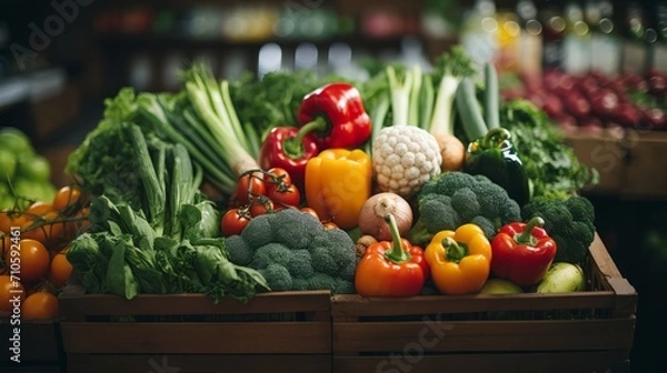 Obraz Fresh vegetables in a crate at a grocery store fair: broccoli, tomatoes, onions, greens, peppers, cauliflower, garlic. Close shot. Horizontal banking for web. Photo AI Generated