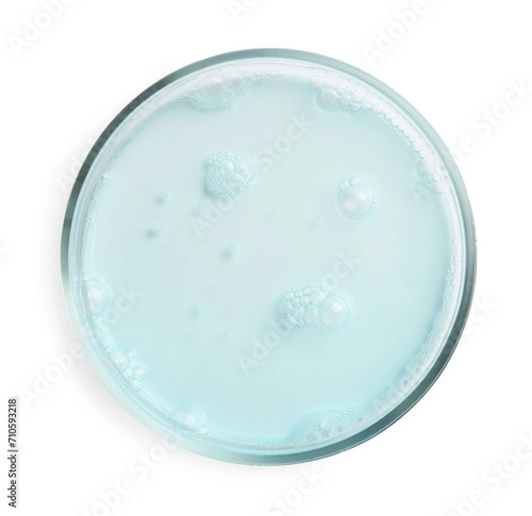 Obraz Petri dish with light blue liquid sample on white background, top view