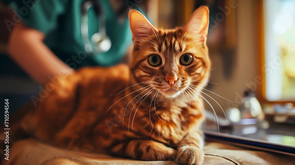 Fototapeta Ginger cat at the vet for a check-up, focused and alert.
