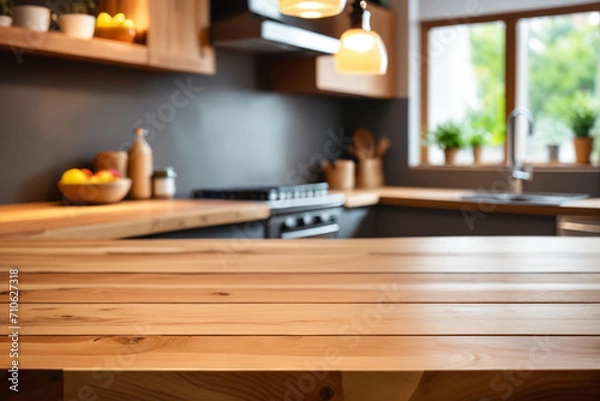 Fototapeta Frontal view of a wood table top on blur kitchen counter background - Product presentation