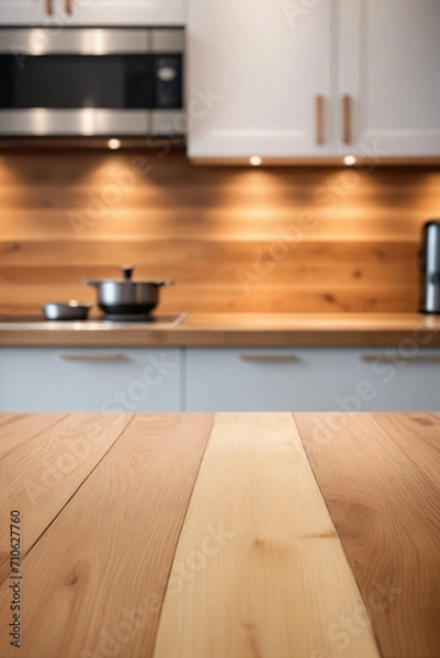 Fototapeta Frontal view of a wood table top on blur kitchen counter background - Product presentation