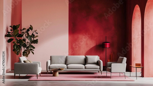 Fototapeta Elegant Modern Japandi Style Living Room with Grey Sofa and Armchairs Against Pink and Crimson Wall, Minimalist Home Interior Design with Ample Copy Space